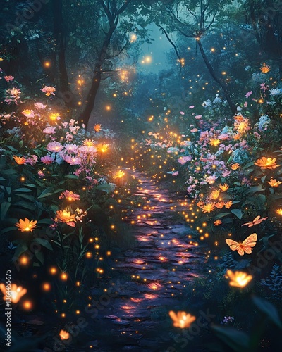 A serene pathway through a magical forest filled with blooming flowers and glowing fireflies, creating an enchanting atmosphere for a peaceful evening stroll