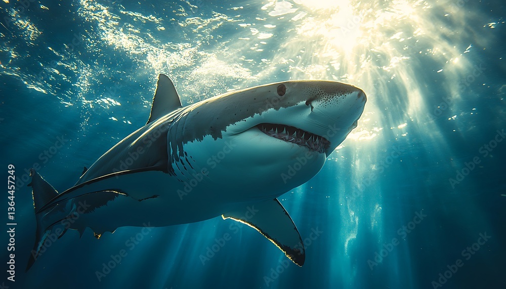 Fototapeta premium A Large Predatory Shark Swims Underwater Near the Surface