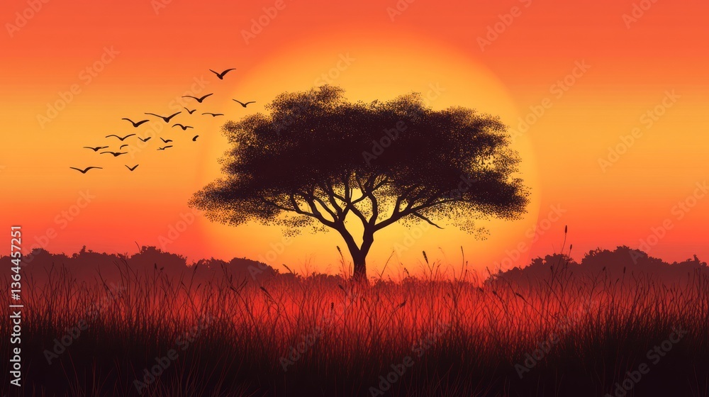 Naklejka premium Silhouette of Acacia Tree at Sunset with Birds in Flight Serene Landscape
