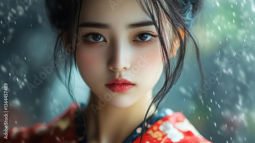 Close-up portrait of a beautiful young woman with Asian features, wearing traditional Japanese clothing, a serious expression, and a focused gaze. Soft lighting and bokeh effect highlight her face.