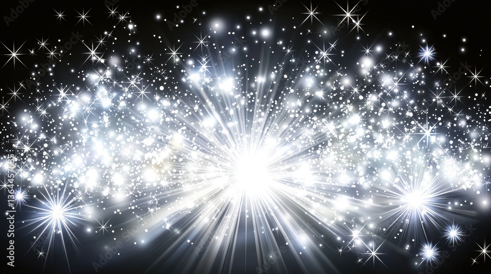 Obraz premium Radiant white sparkles and light flares against a black background, evoking celestial beauty.