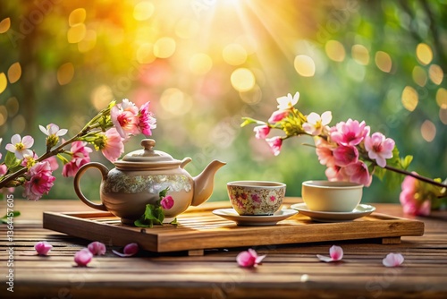 Elegant Floral Tea Set on Bamboo Table with Bokeh Blossoms - Stock Photo