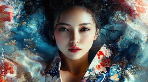 Asian woman in traditional Japanese kimono, serene,  beautiful, portrait.