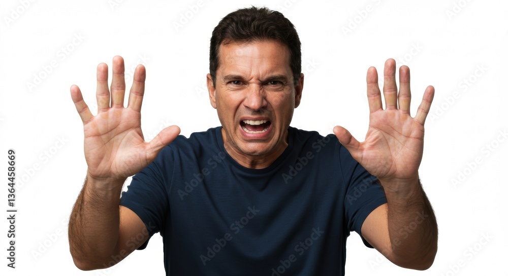Furious Man, Open Hands, Aggressive Expression, Isolated on White, Dark Hair, T-Shirt. Furious Man, Open Hands, Aggressive Expression, Isolated on White, Dark Hair, T-Shirt.