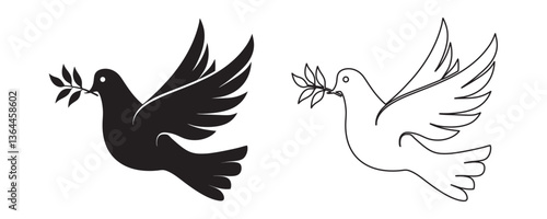 Dove of peace with an olive branch vector icon silhouette on a white background
