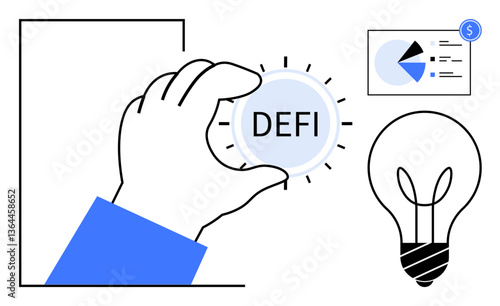 Hand holding DeFi token, lightbulb symbolizing ideas, data chart with insights. Ideal for finance, blockchain, cryptocurrency, innovation, technology investment data analysis. Flat simple metaphor