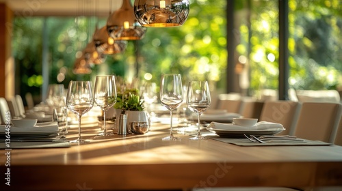 Elegant restaurant table setting, sunlit garden view, fine dining,  website banner