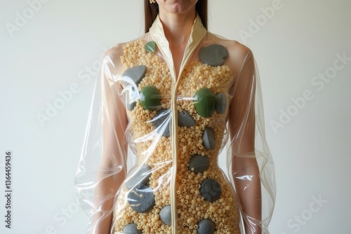 Creative fashion design with clear raincoat pasta elements