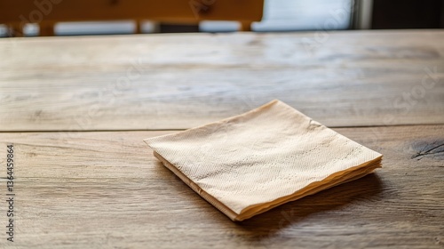 A stack of paper napkins rests on a wooden table surface