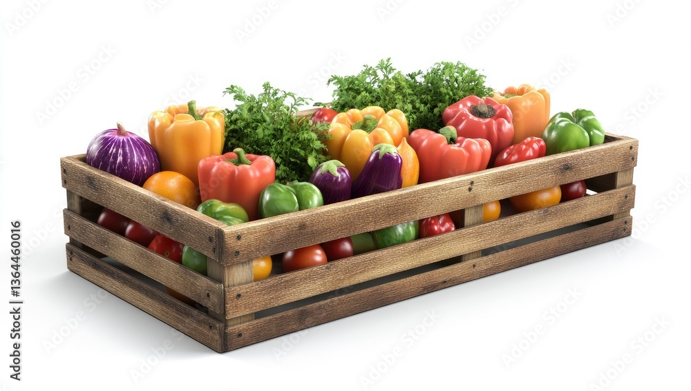 Wooden crate overflowing with colorful bell peppers, tomatoes, and herbs. Fresh, vibrant produce Wooden crate overflowing with colorful bell peppers, tomatoes, and herbs. Fresh, vibrant produce