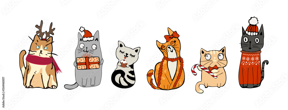 Fototapeta premium Collection of adorable Christmas cats with holiday elements - Santa hat, candy cane, ugly sweater. Set of cute pet animals, funny Xmas cards. Vector illustrations isolated