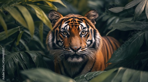 Majestic tiger amidst lush foliage.