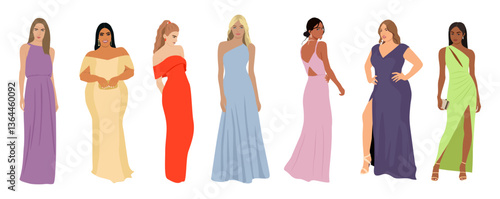 Set of different beautiful girls wearing evening dress, formal gown for celebration, wedding, Christmas Eve or New Year party. Pretty female character vector realistic illustration isolated 