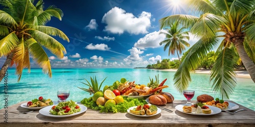 French Polynesia Lagoon: Tropical Beach Lunch with Palm Trees and Turquoise Water