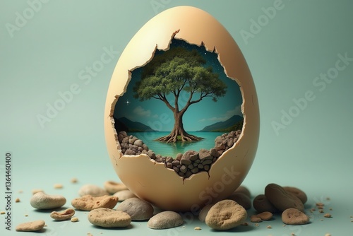 Surreal nature scene cracked egg with tree landscape