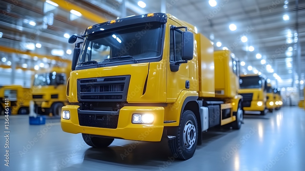 Naklejka premium Yellow truck in factory production line