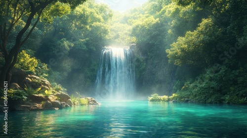 Serene Waterfall in Lush Tropical Paradise