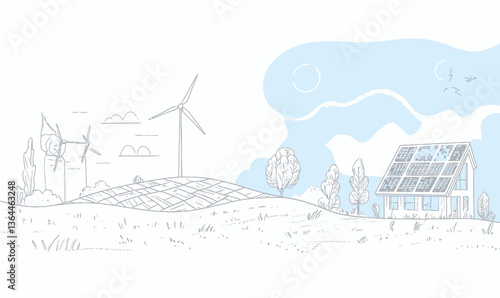 Minimalist Line Art of Renewable Energy Sources with Wind Turbine and Solar Panel