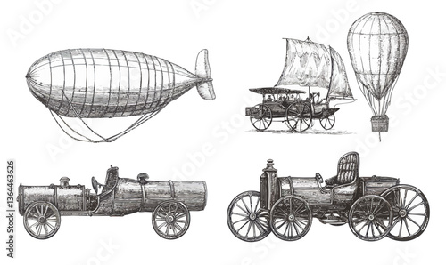 Vintage Transportation Sketch with Airships, Carriages, Cars, and Locomotives