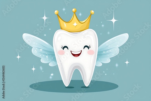 A cartoon tooth wearing a crown and fairy wings smiles brightly