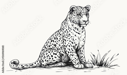Minimalist Black and White Ink Sketch of Sitting Leopard Vector Illustration