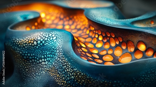 Artistic ceramic stage in close-up, hand-painted designs glowing under soft lights