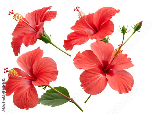 Wallpaper Mural set of tropical red hibiscus flowers isolated on white background, PNG. Torontodigital.ca