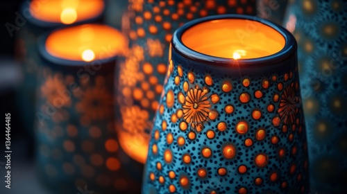 Artistic ceramic in close-up, hand-painted designs glowing under soft lights