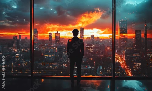 Dramatic Corporate Executive Silhouette Against City Skyline Sunset Reflection in Office Window