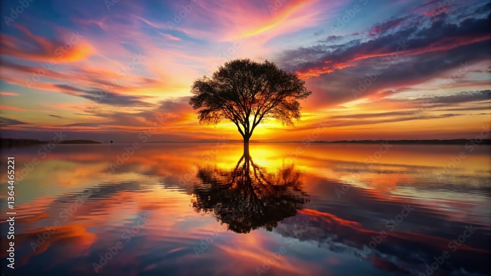 Obraz premium Heart Shaped Tree Silhouette Sunset Reflection - Surreal Nature Photography