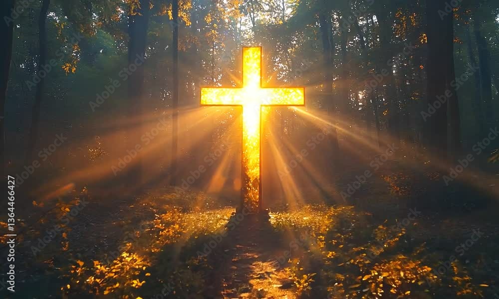 Vibrant Natural Cross with Sunlit Foliage in Serene Forest Clearing Vibrant Natural Cross with Sunlit Foliage in Serene Forest Clearing