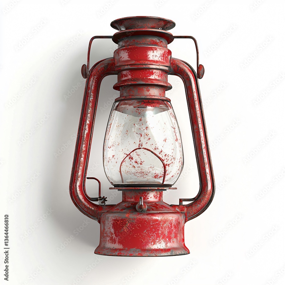 Red, weathered lantern with a glass center casts shadows on a white surface Red, weathered lantern with a glass center casts shadows on a white surface