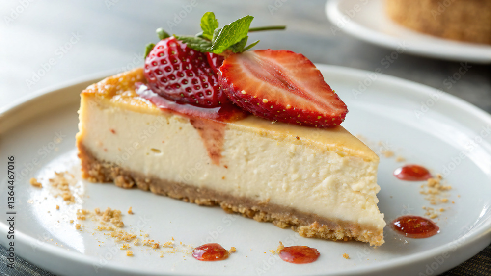 A delicious slice of strawberry cheesecake on a plate A delicious slice of strawberry cheesecake on a plate