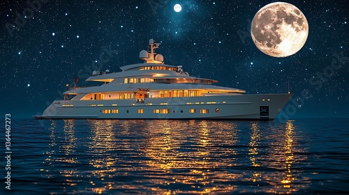 Luxurious yacht at night under a full moon