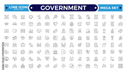 Government outline icon set. Containing community center, public park, city hall, government, policy, needs, community, public finance, interest, volunteer, electricity. Editable stroke outline icon.