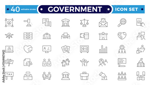 Government outline icon set. Containing community center, public park, city hall, government, policy, needs, community, public finance, interest, volunteer, electricity. Editable stroke outline icon.