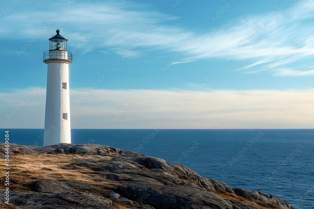 A lighthouse standing on a rocky shore representing guidance and maritime safety A lighthouse standing on a rocky shore representing guidance and maritime safety