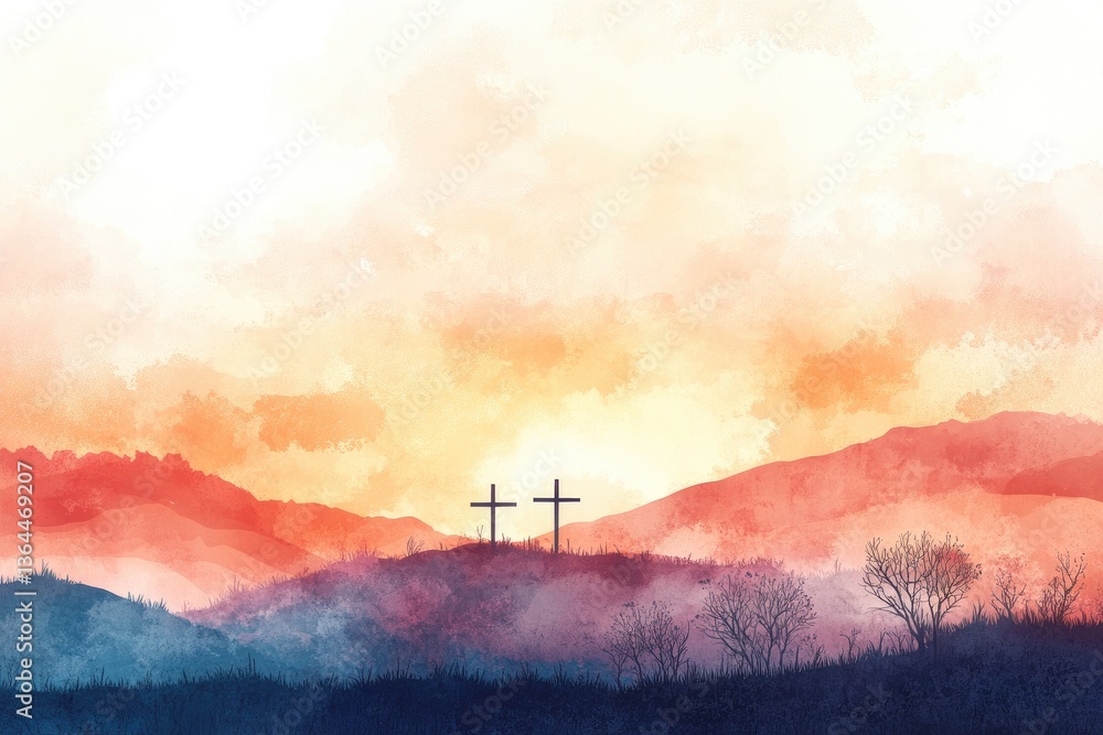 Obraz premium Three crosses on Calvary hill - watercolor vector illustration sunrise, Christian Easter background, resurrection concept art for greeting cards