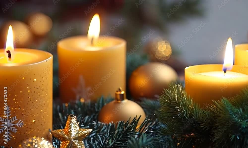 Glowing Advent Wreath with Lit Candles Surrounded by Evergreen Branches and Festive Ornaments