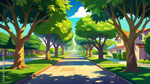 vector of sunny driveway lined with lush green summer trees, their leaves casting dappled shadows on the ground