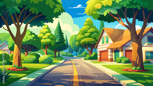picturesque summer scene where vibrant green trees line a quiet, sunlit driveway