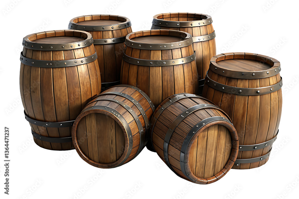 Fototapeta premium set of wooden oak barrels isolated on white background, PNG.