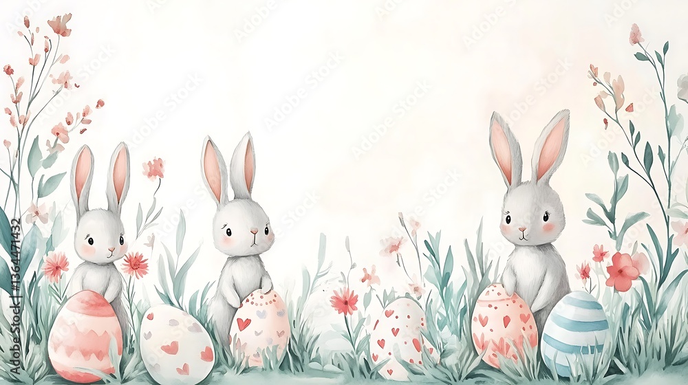 Obraz premium Easter bunnies eggs in garden.