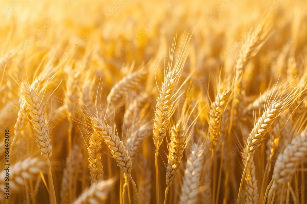 Fototapeta premium Close up view of golden wheat ears in a sunlit field during harvest season, showcasing nature's bounty.