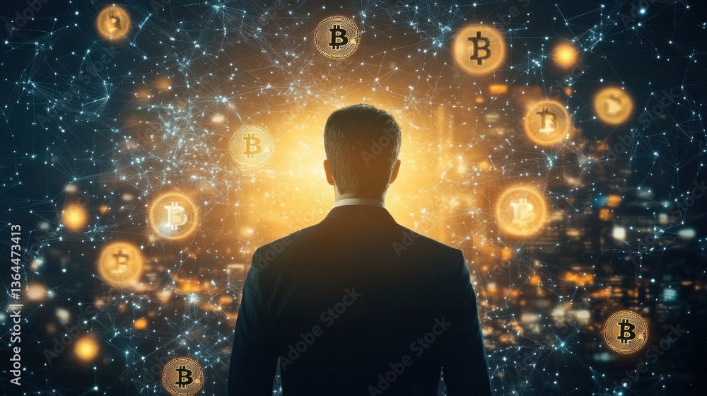 Fototapeta premium Digital banking account accessibility. Businessman Contemplating Glowing Cryptocurrency Network