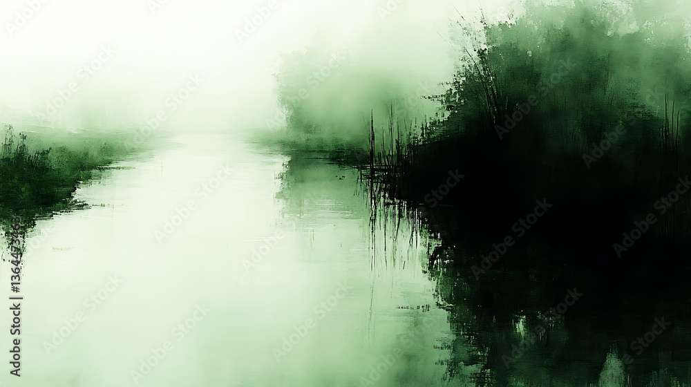 Misty green river landscape. Misty green river landscape.