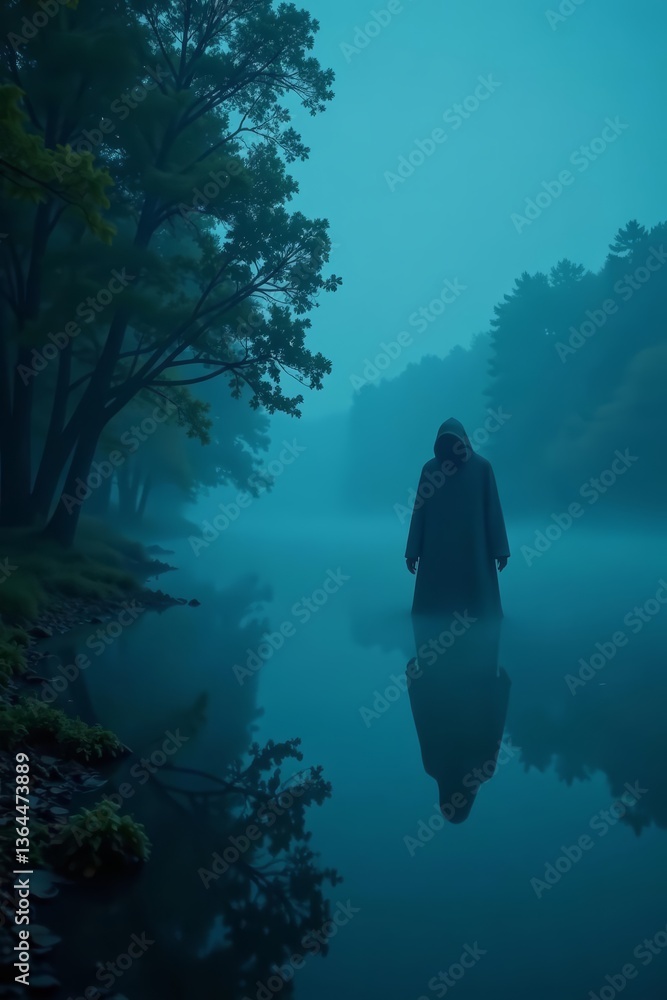 Fototapeta premium Eerie mist shrouding a ghostly figure in a lake dwelling at night, eerie, spooky