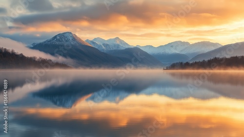 Wallpaper Mural A serene sunrise over a calm lake, reflecting the golden-orange hues of a mountain range with snow-capped peaks Torontodigital.ca