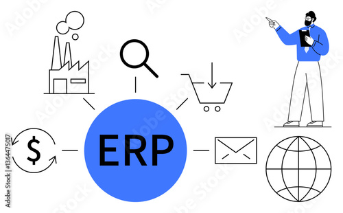 Central ERP concept linked to factory, magnifying glass, shopping cart, email, globe, dollar, business analyst. Ideal for business management, operations workflow enterprise planning process