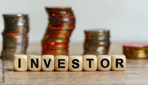 Wallpaper Mural Concept of investment with wooden blocks spelling 'investor' and stacks of coins in the background. Torontodigital.ca